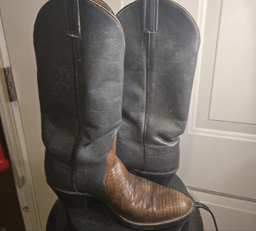 FD Men's Black and Brown Leather And Lizard Cowboy Boots 8 1/2 D - Picture 6 of 12